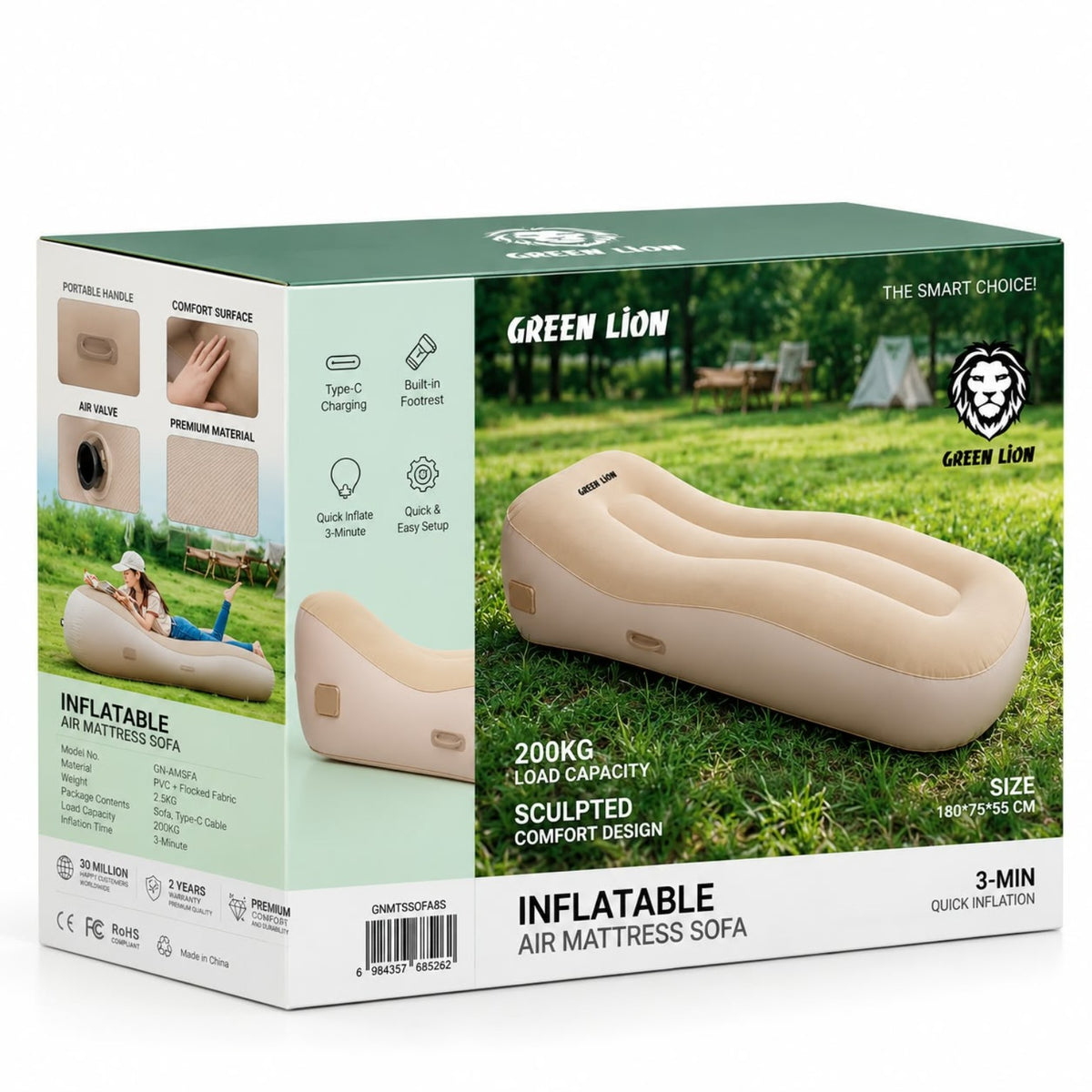 Green Lion Inflatable Air Mattress Sofa packaging and product features