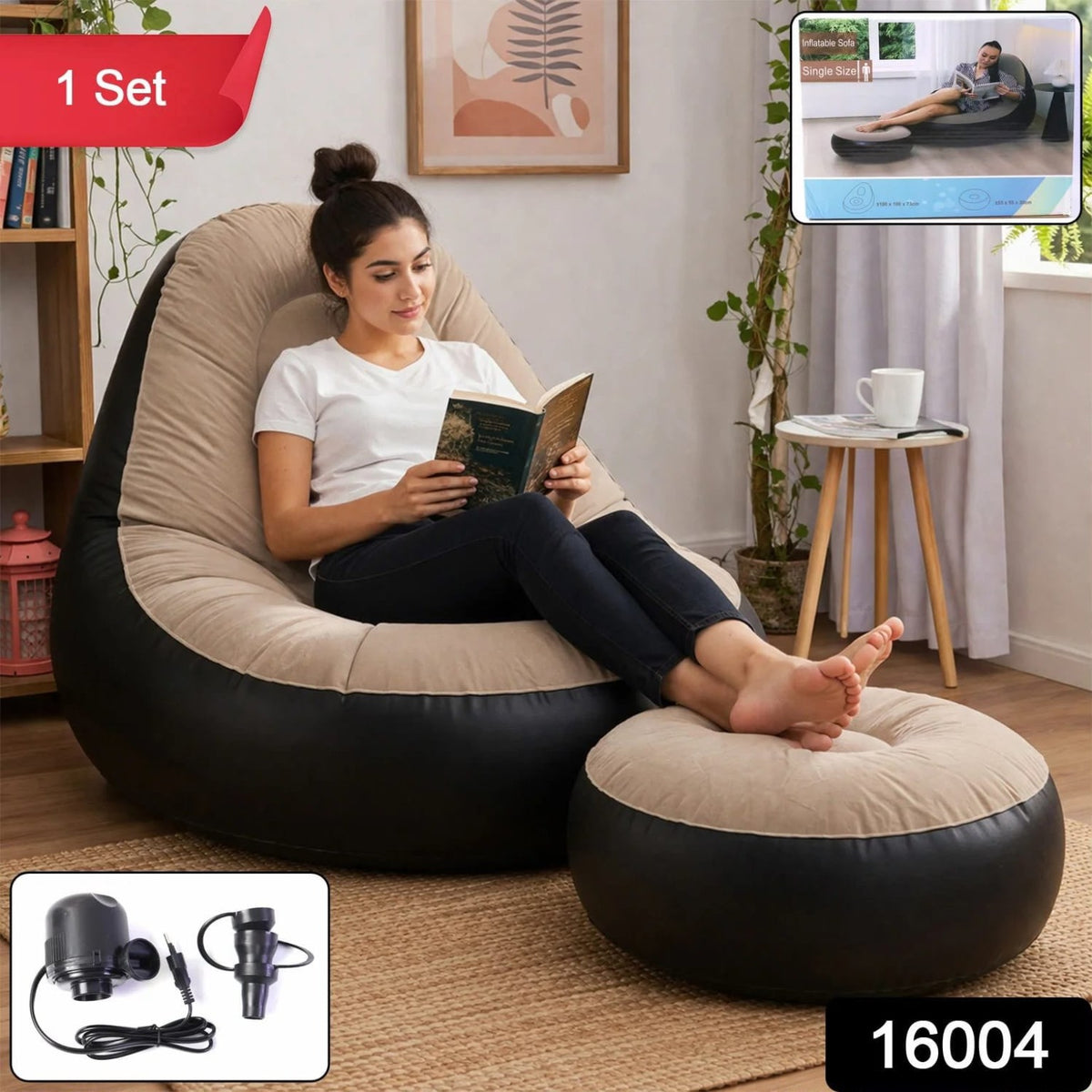 Inflatable sofa and ottoman set with electric pump