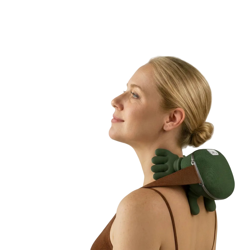 Woman using a green portable rechargeable neck and shoulder massager resting over her shoulder