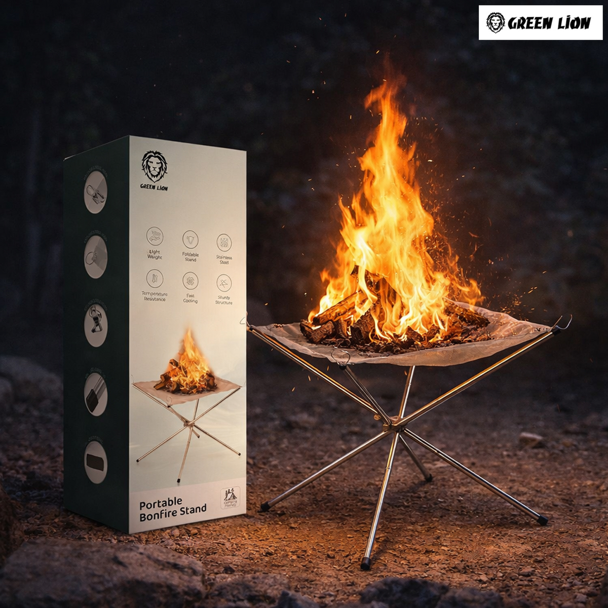 Green Lion Portable Bonfire Stand packaging