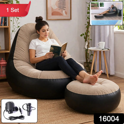 Inflatable sofa and ottoman set with electric pump